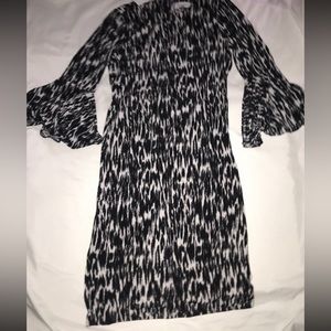 Black & White Calvin Klein Stretch Leopard Print, Bell Sleeve, Sheath Dress